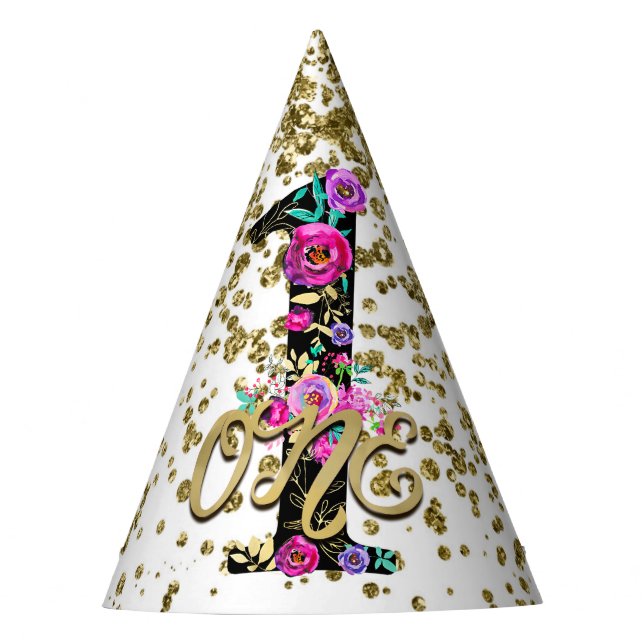 Black Floral Gold Glitter ONE 1 1st Birthday Party Hat (Front)