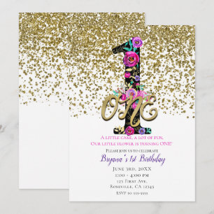 Black Floral Gold Glitter ONE 1 1st Birthday Party Invitation