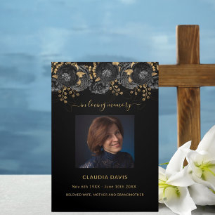 Black floral gold photo tri-fold funeral program announcement