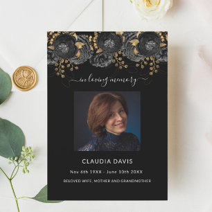 Black floral gold photo tri-fold funeral program announcement