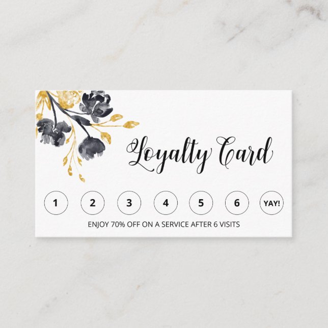 *~* Black . FLORAL Gold QR LOGO Rewards Thank you Loyalty Card (Front)