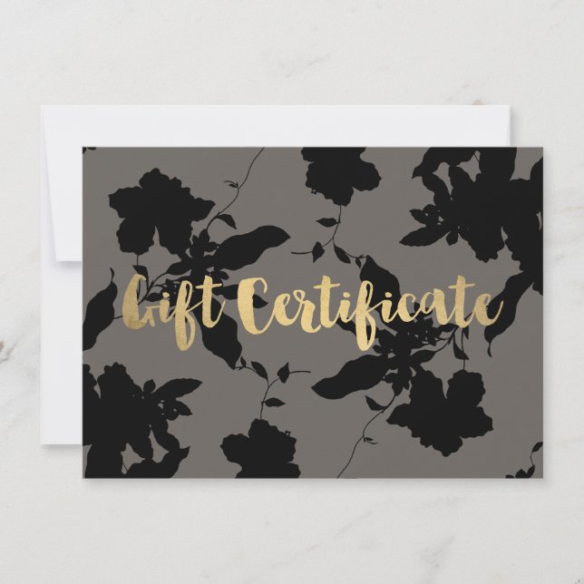Black Floral Gold Text Grey Gift Certificate (Front)