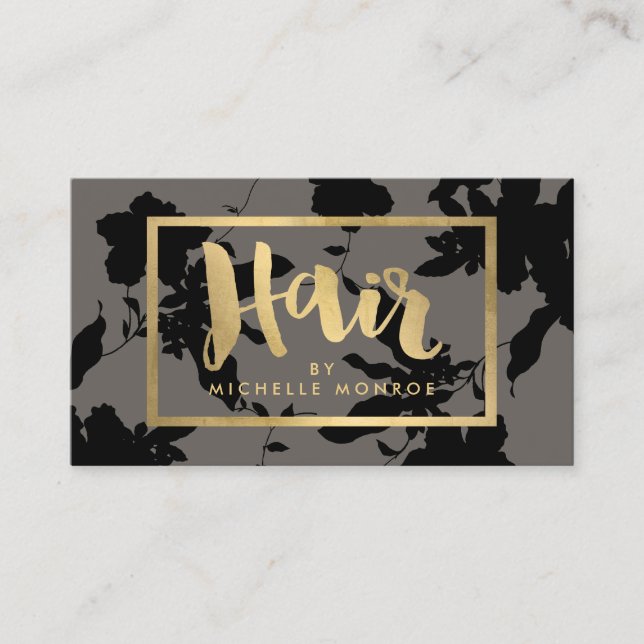 Black Floral Gold Text Hair Stylist Grey Business Card (Front)
