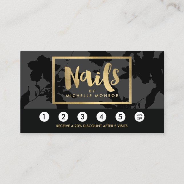 Black Floral Gold Text Nail Salon Loyalty Card (Front)