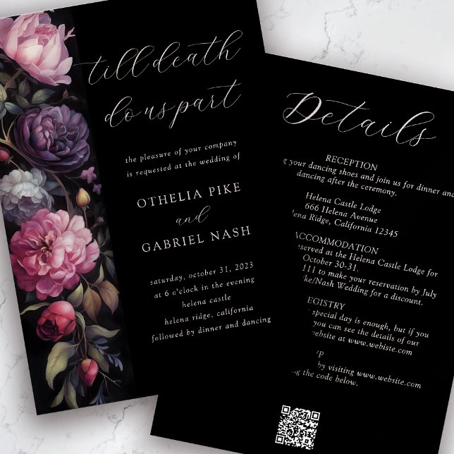 Black Floral Gothic All in One QR Code Wedding Invitation (Creator Uploaded)