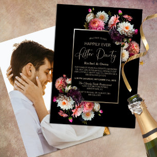 Black Floral Happily Ever After Wedding Reception Invitation