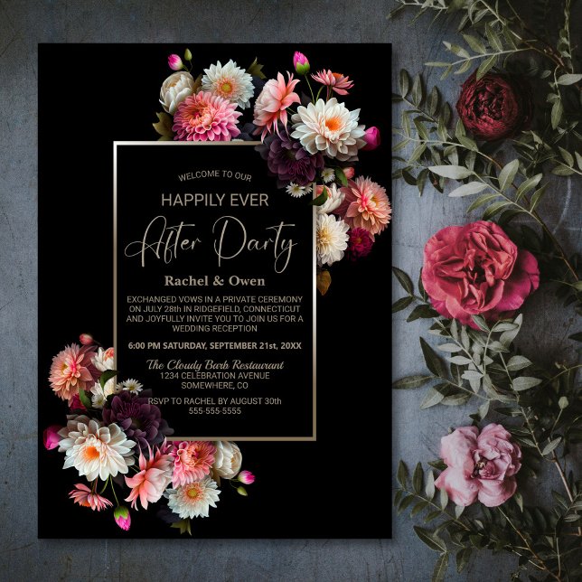 Black Floral Happily Ever After Wedding Reception Invitation (Creator Uploaded)