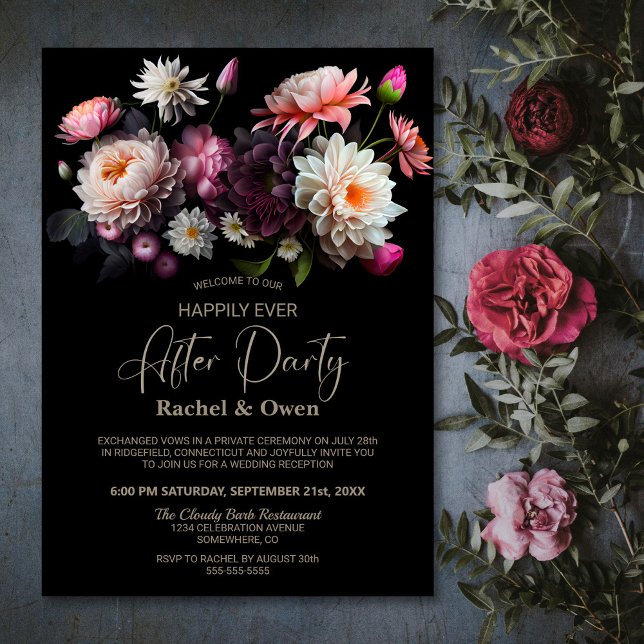 Black Floral Happily Ever After Wedding Reception Invitation (Creator Uploaded)