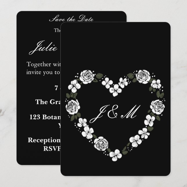 Black Floral Heart-Shaped Wedding Invitation (Front/Back)