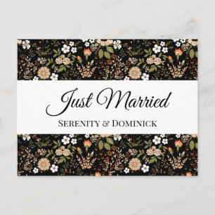 Black Floral Just Married Wedding Announcement Postcard
