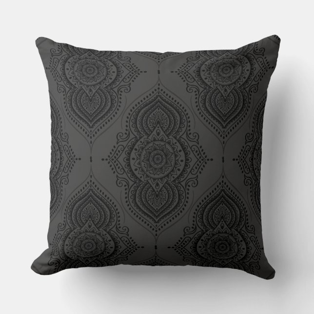 Black Floral Lace Grey Background Cushion (Front)