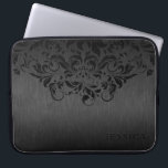 Black Floral Lace grey Metallic Background Laptop Sleeve<br><div class="desc">Black brushed aluminium texture print with black floral lace.  Custom and optional monogram.</div>