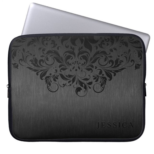 Black Floral Lace grey Metallic Background Laptop Sleeve (Front)
