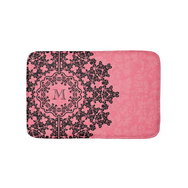 Black Floral Lace Pink Damasks Monogrammed Bath Mat (Front)