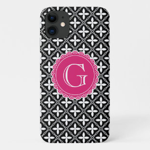 Black Floral Lattice Pattern Hot Pink Monogram Case-Mate iPhone Case