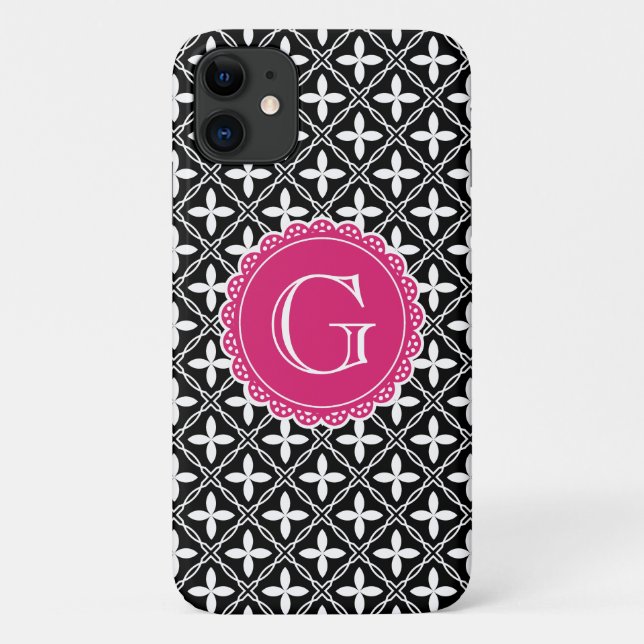 Black Floral Lattice Pattern Hot Pink Monogram Case-Mate iPhone Case (Back)