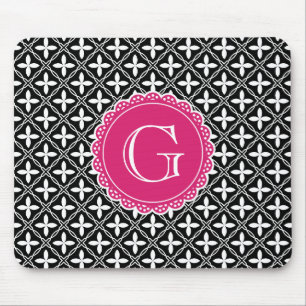 Black Floral Lattice Pattern Hot Pink Monogram Mouse Pad
