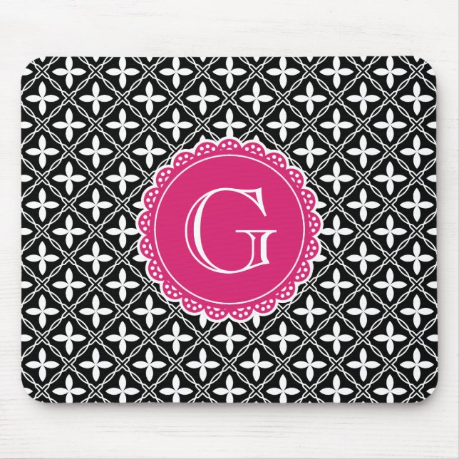 Black Floral Lattice Pattern Hot Pink Monogram Mouse Pad (Front)
