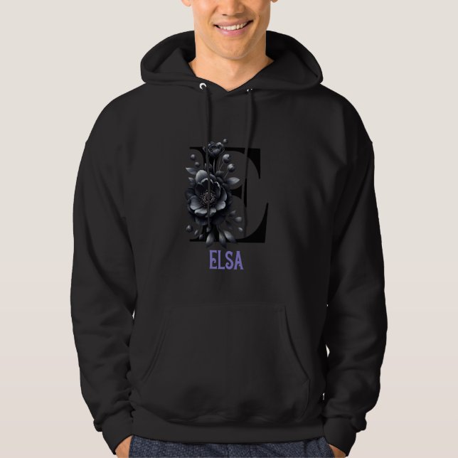 Black Floral Letter Elsa Alphabet Girl Name Hoodie (Front)