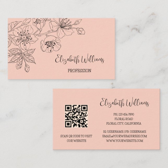 Black Floral Line Art Botanical QR-Code Business Card (Front/Back)