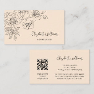 Black Floral Line Art Botanical QR-Code Business Card