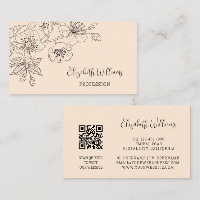 Black Floral Line Art Botanical QR-Code Business Card (Front/Back)
