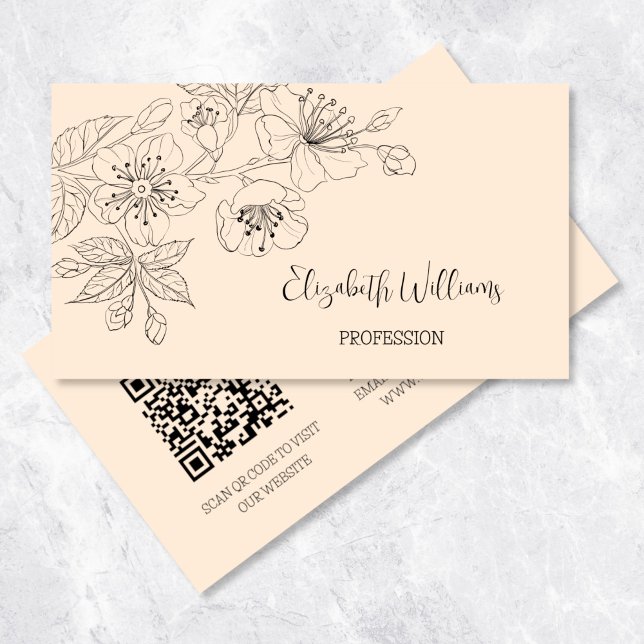 Black Floral Line Art Botanical QR-Code Business Card (Creator Uploaded)