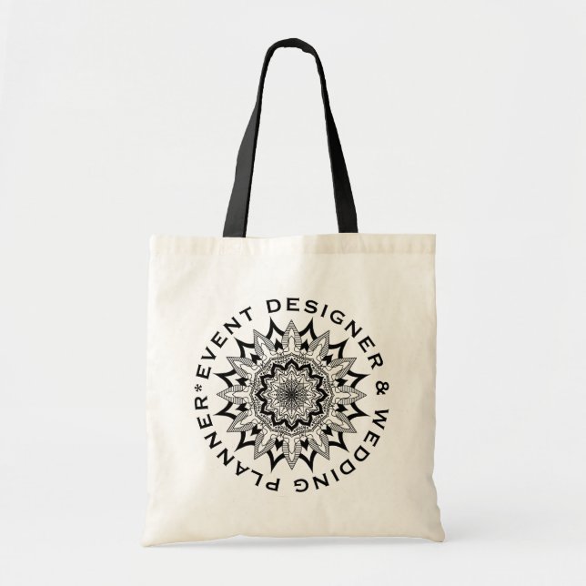 Black Floral Mandala Custom Text Tote Bag (Front)