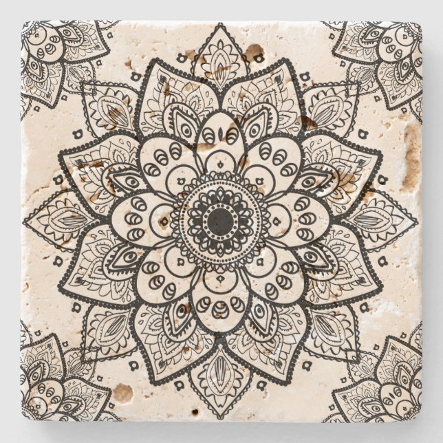 Black Floral Mandala Over White Background Stone Coaster (Front)