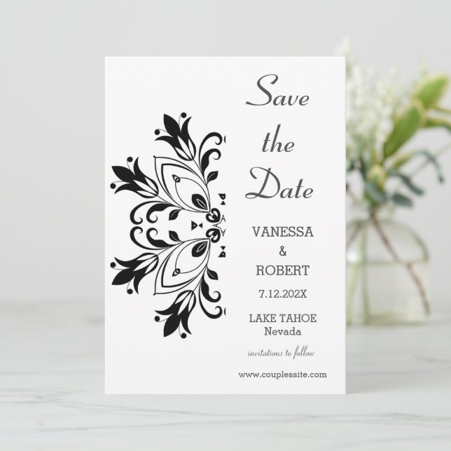 Black Floral Mandala Save The Date (Standing Front)
