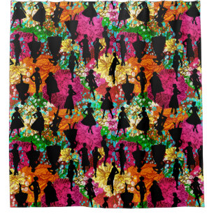 black floral mid century 1950s vintage silhouette  shower curtain