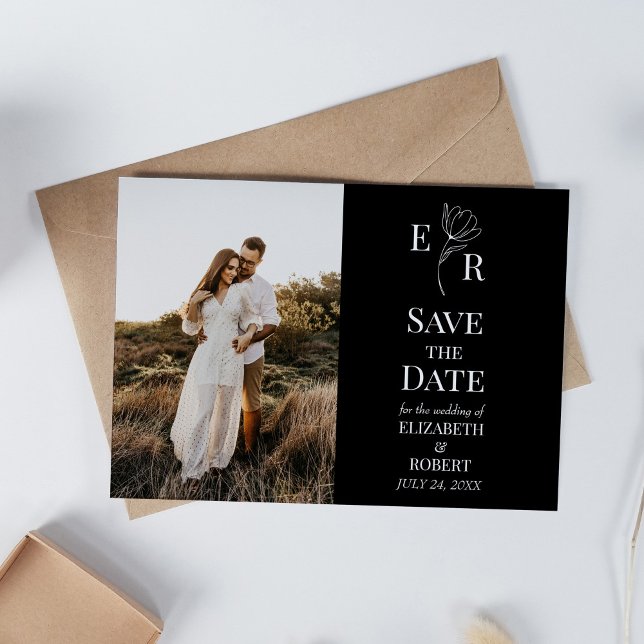 Black Floral Monogram Custom Photo Save the Date Invitation (Black Floral Monogram Custom Photo Save the Date Invitation on white table with dry wildflowers.)