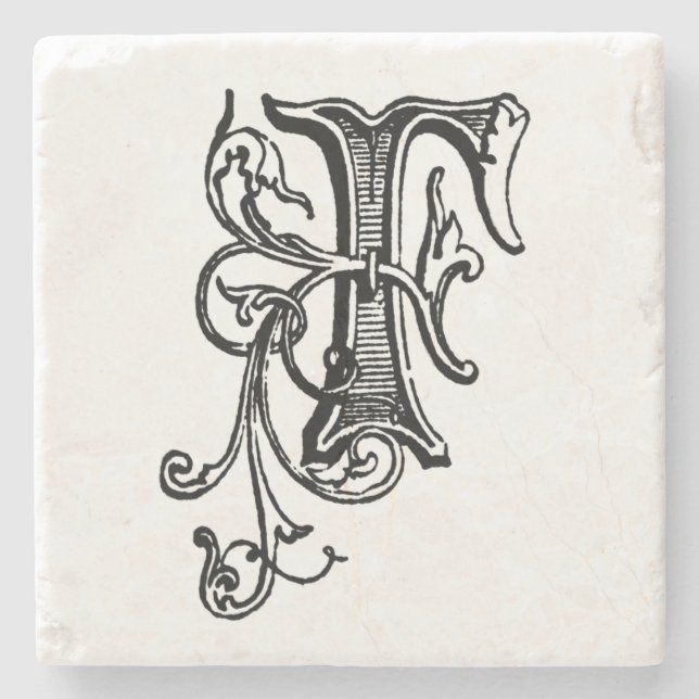 Black Floral Monogram 'F' Stone Coaster (Front)