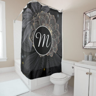 Black Floral Monogram Personalize Shower Curtain