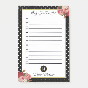 Black Floral Monogram Polka Dots Name To Do List Post-it Notes