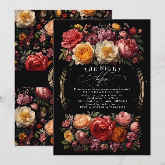 Black Floral Moody Botanical Chic Rehearsal Dinner Invitation (Front/Back)