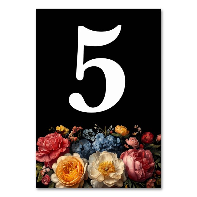 Black Floral Moody Botanical Chic Wedding Table Number (Front)