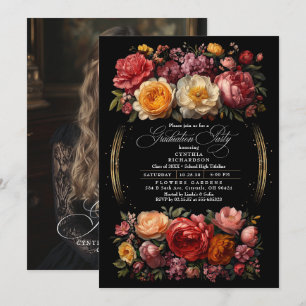 Black Floral Moody Graduation Party Photo Invitation