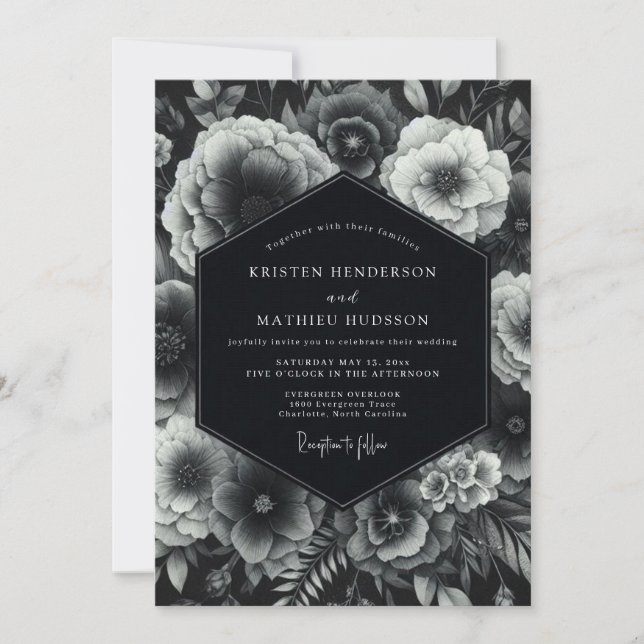 Black Floral Moody Romance Wedding Invitation (Front)