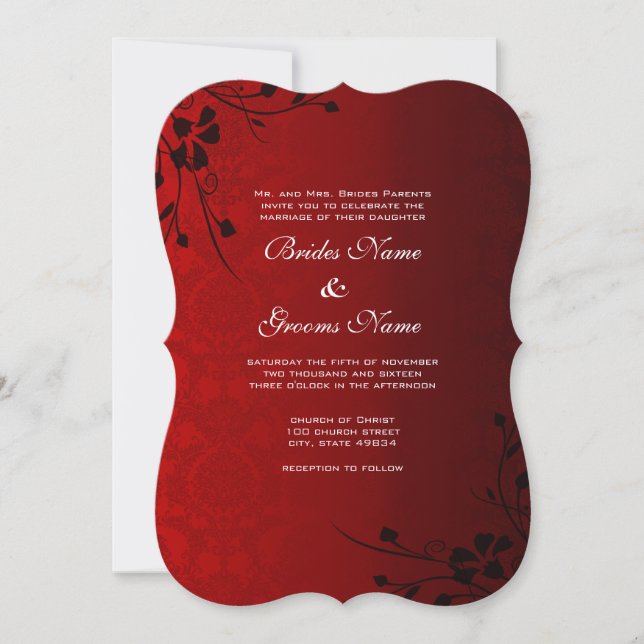 Black Floral on Red Wedding  Invitation (Front)