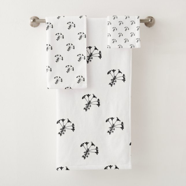 Black Floral On White Bath Towel Set (Insitu)