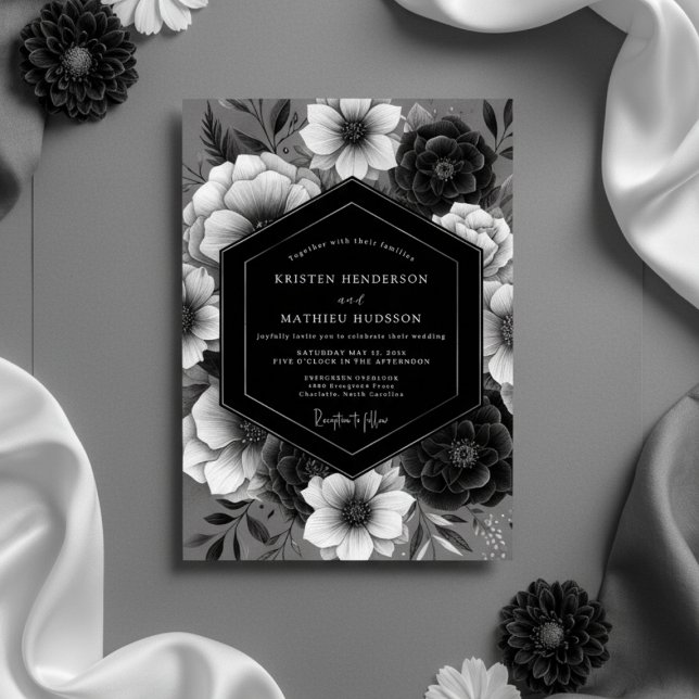 Black Floral Opulent Romance Wedding Invitation (Creator Uploaded)