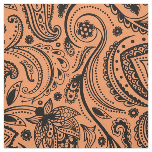 Black Floral Paisley-Custom Orange Background Fabric (Swatch)