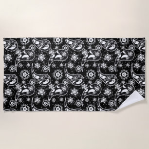 Black Floral Paisley Illustration Pattern Design Beach Towel