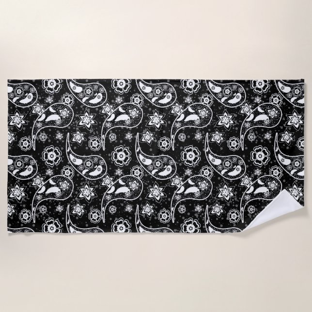 Black Floral Paisley Illustration Pattern Design Beach Towel (Front)