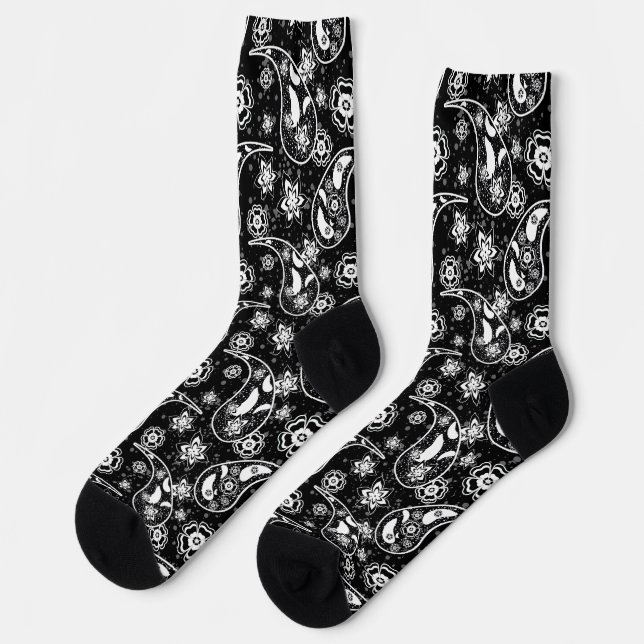 Black Floral Paisley Illustration Pattern Design Socks (Left)