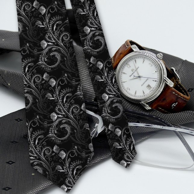 Black Floral Paisley Lacework Pattern Tie (Creator Uploaded)