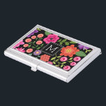 Black Floral Pattern Pink Green Purple Monogram Business Card Holder<br><div class="desc">A cute design with colourful Spring flowers and a bold black background with a single initial. Add your monogram to this girly design that includes hand drawn flowers in pink,  green,  purple,  and orange.</div>