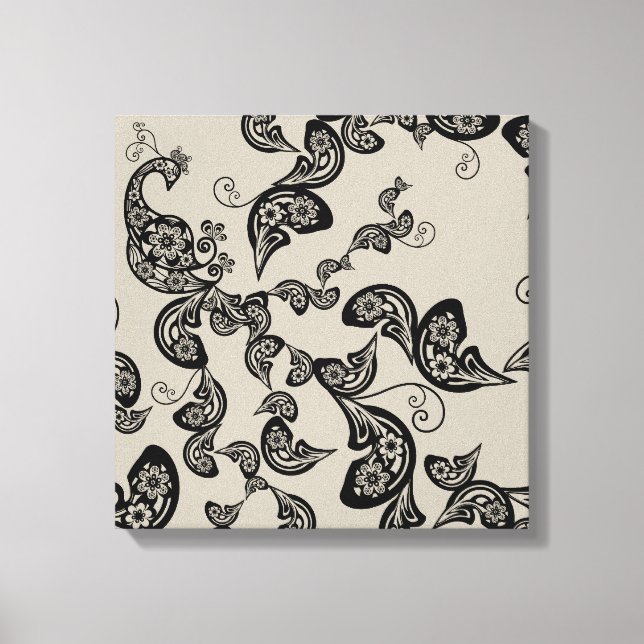 Black Floral Peacock Deco Art Canvas Print (Front)