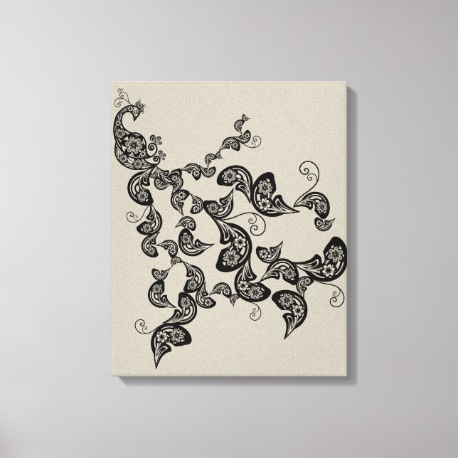 Black Floral Peacock Deco Art Canvas Print (Front)